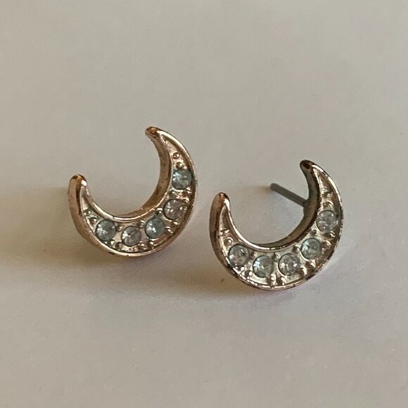 Gold Rhinestone Crescent Moon Stud Earrings - Picture 2 of 5